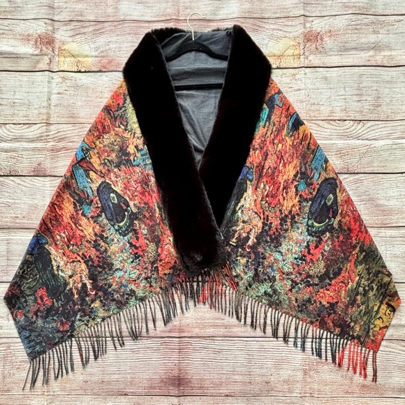 Mar&Co • Elegant Printed Vincent van Gogh Cape with Faux Fur Collar - One Size - Picture 10 of 16